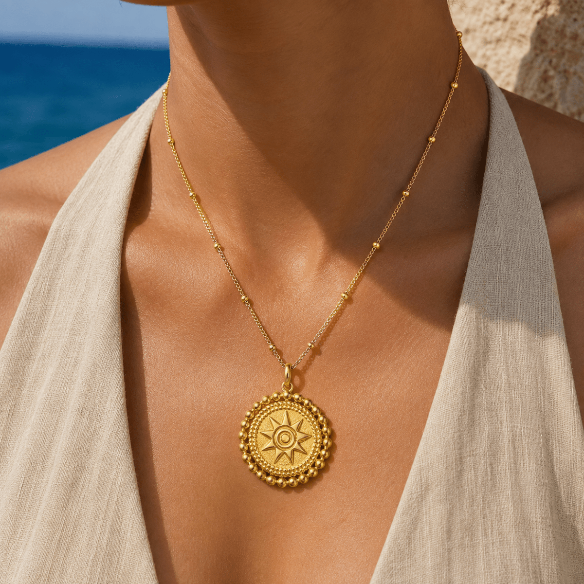 Oriane Beaded Sun Medallion Necklace