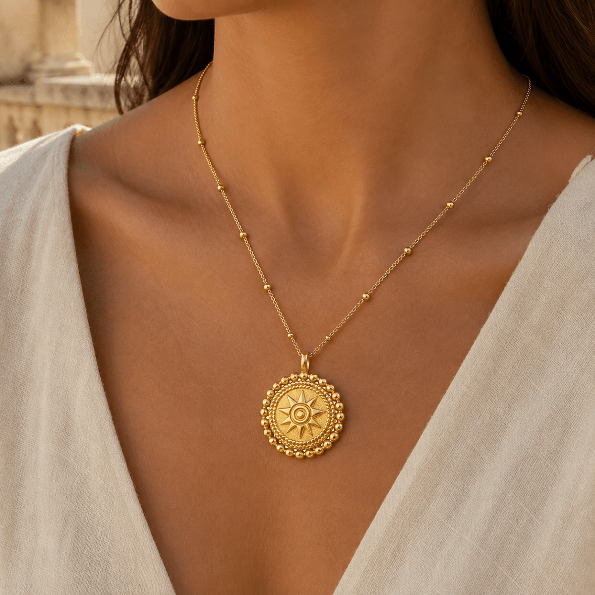 Oriane Beaded Sun Medallion Necklace
