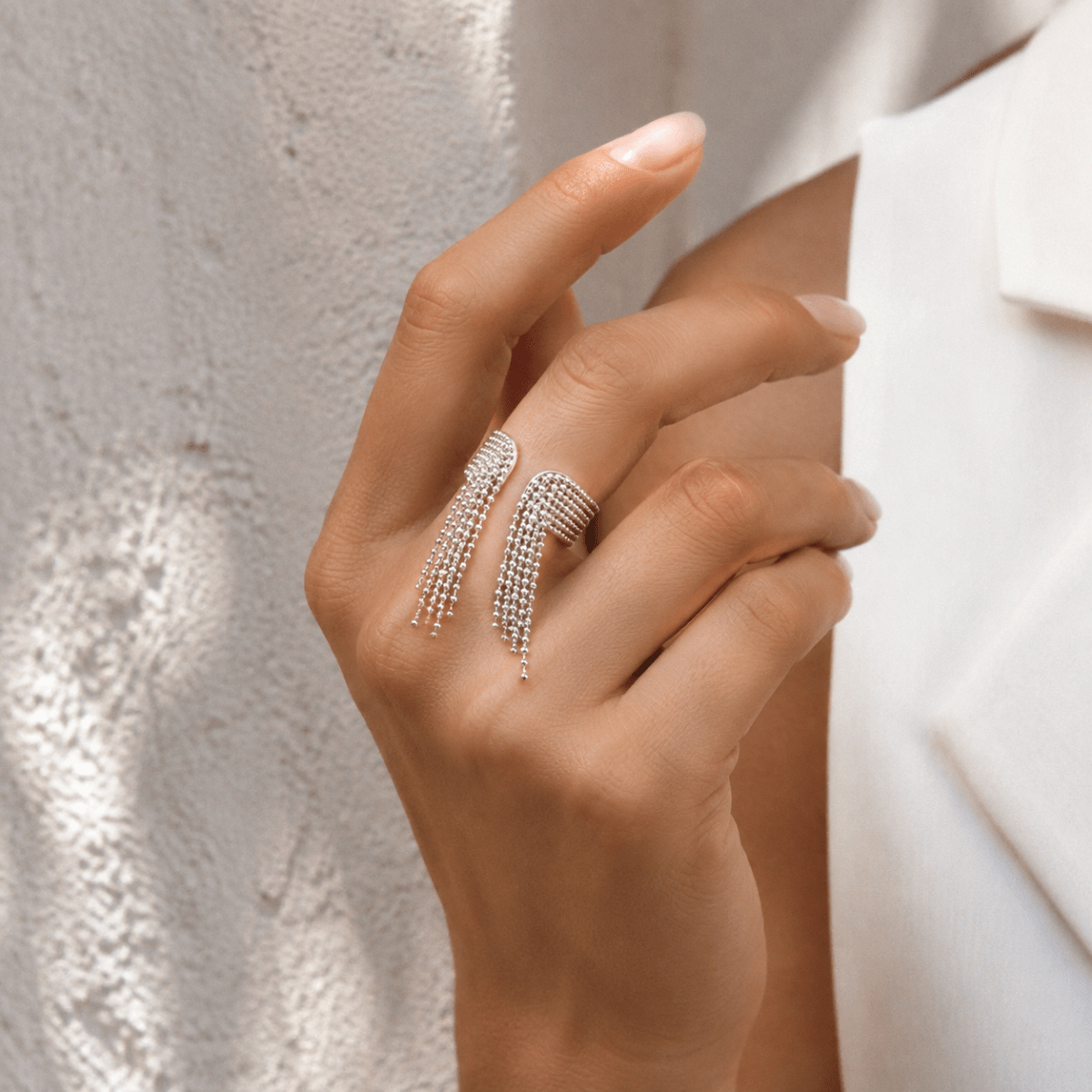 Zelina Beaded Tassel Cuff Ring